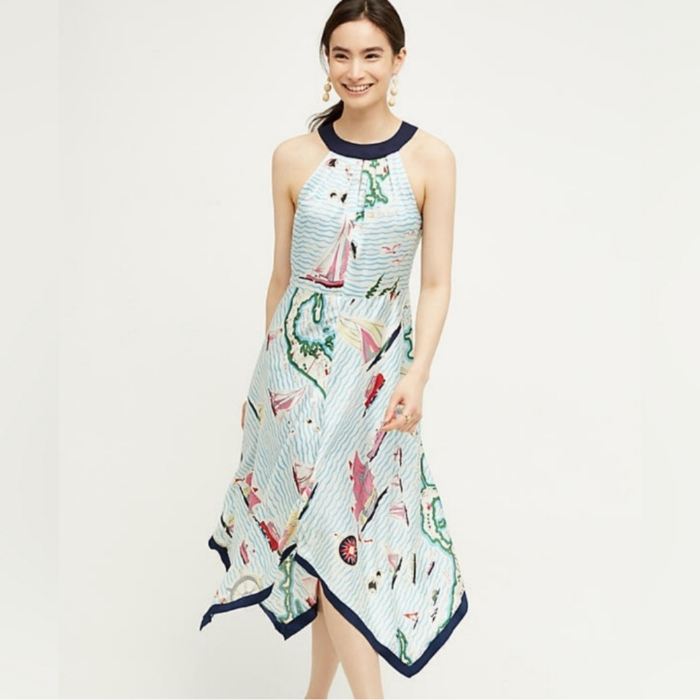 Anthropologie Eva Franco Cartographer Assymetrical Nautical Print Dress - 00P
